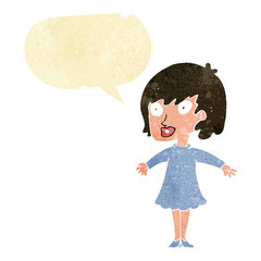 cartoon woman wearing dress with speech bubble