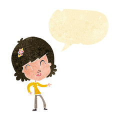 cartoon happy woman pointing with speech bubble
