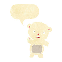 cartoon waving polar bear cub with speech bubble