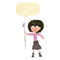 cartoon woman with harpoon with speech bubble
