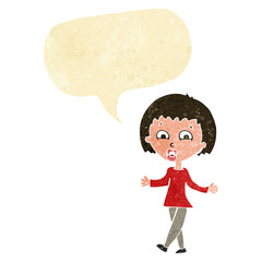 cartoon woman shrugging shoulders with speech bubble