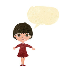 cartoon woman in dress with speech bubble
