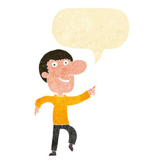 cartoon happy man dancing with speech bubble
