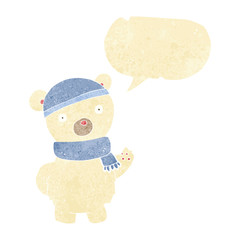 cartoon polar bear in winter hat and scarf with speech bubble