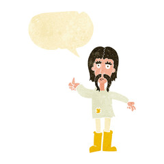 cartoon hippie man giving thumbs up symbol with speech bubble