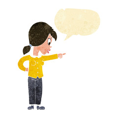 cartoon enthusiastic woman pointing with speech bubble