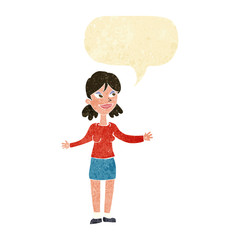 cartoon happy woman shrugging shoulders with speech bubble