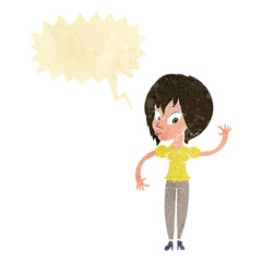 cartoon woman waving with speech bubble
