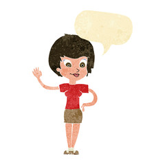 cartoon woman waving with speech bubble