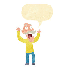 cartoon old man getting a fright with speech bubble