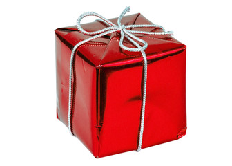 Red gift box with silver ribbon