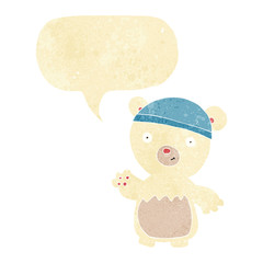 cartoon polar bear wearing hat with speech bubble