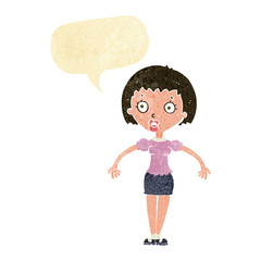 cartoon confused woman shrugging shoulders with speech bubble