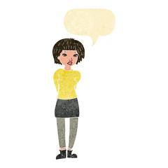 cartoon shy woman with speech bubble
