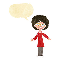 cartoon woman wearing glasses with speech bubble