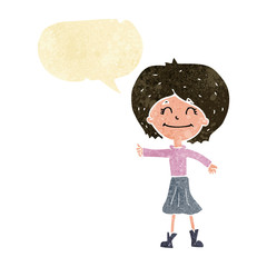 cartoon happy girl giving thumbs up symbol with speech bubble