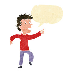 cartoon happy man pointing with speech bubble