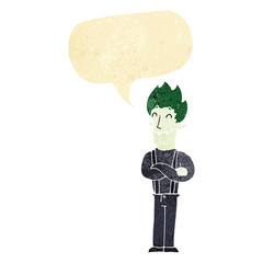 cartoon happy vampire man with speech bubble