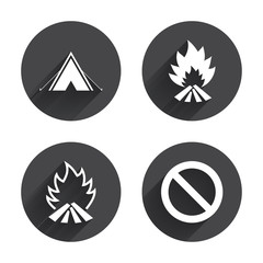 Tourist camping tent sign. Fire flame icons.