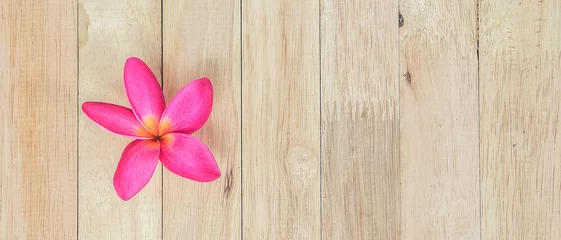 Rolgordijnen Plumeria flower on wood floors © escapejaja