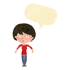 cartoon woman shrugging shoulders with speech bubble