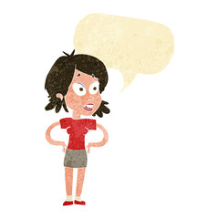 cartoon woman with hands on hips with speech bubble