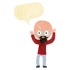 cartoon stressed bald man with speech bubble