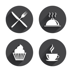 Food icons. Muffin cupcake symbol. Fork, knife.