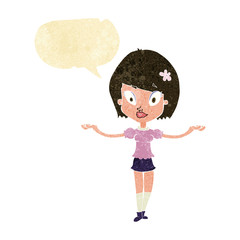 cartoon woman making balancing gesture with speech bubble