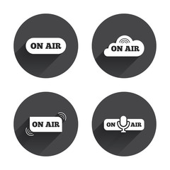 On air icons. Live stream signs. Microphone.