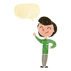 cartoon friendly waving woman with speech bubble