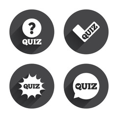 Quiz icons. Speech bubble with check mark symbol