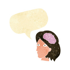 cartoon female head with brain symbol with speech bubble