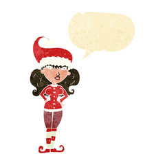 cartoon santa's helper woman with speech bubble