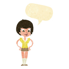 cartoon pretty woman with hands on hips with speech bubble