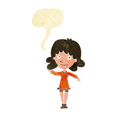 cartoon friendly woman waving with speech bubble