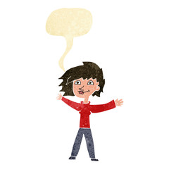 cartoon excited woman waving with speech bubble