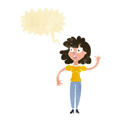 cartoon worried woman waving with speech bubble