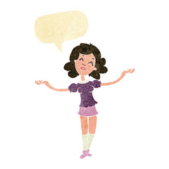 cartoon woman taking praise with speech bubble