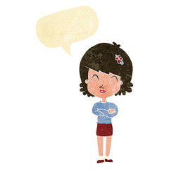 cartoon happy woman with folded arms with speech bubble