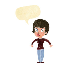 cartoon woman shrugging shoulders with speech bubble