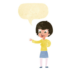 cartoon welcoming woman with speech bubble