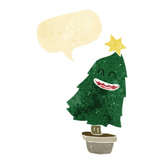 cartoon dancing christmas tree with speech bubble