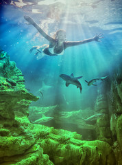 Fototapeta premium woman underwater in the sea