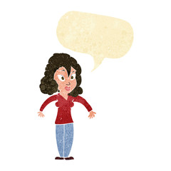 cartoon woman shrugging shoulders with speech bubble