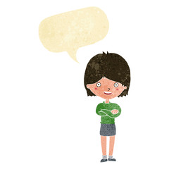 cartoon happy woman with speech bubble