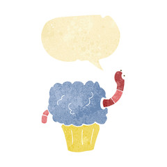 cartoon worm in cupcake with speech bubble
