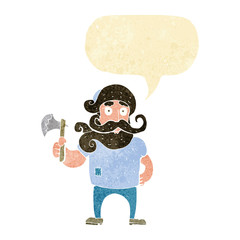cartoon lumberjack with axe with speech bubble