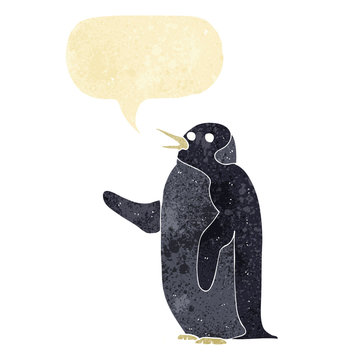 cartoon penguin waving with speech bubble
