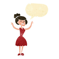 cartoon woman with raised arms with speech bubble